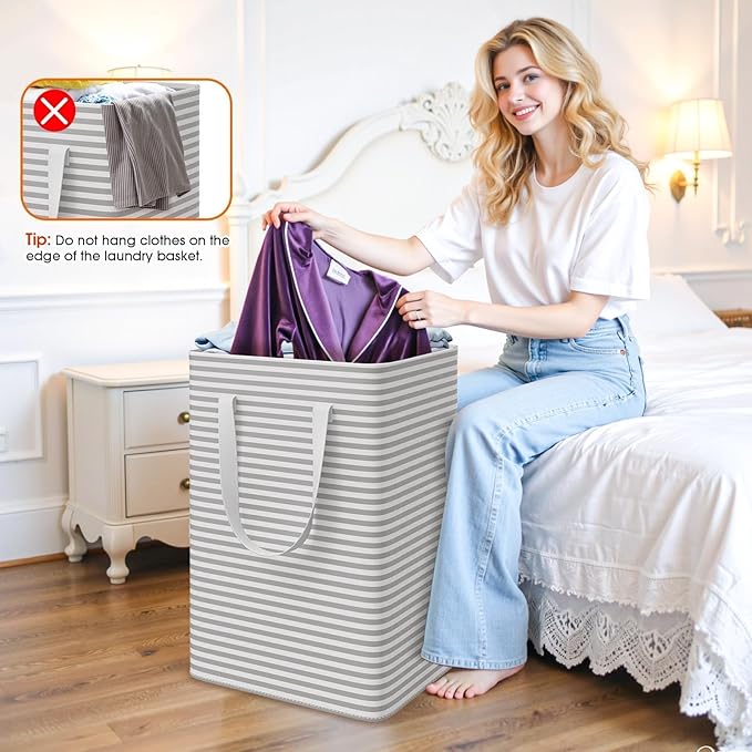 3 Pack Laundry Basket, Waterproof & Freestanding Large Laundry Hamper, Collapsible Clothes Hampers with Easy Carry Long & Reinforced Handles in Bedroom Bathroom, College Dorm(75Lx3, Gray)