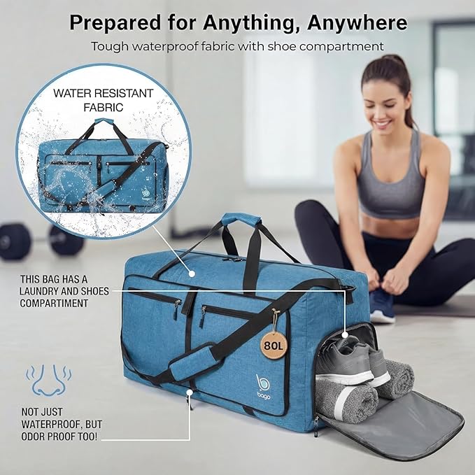 Bago Large Duffle Bag for Travel Women & Men. Durable Lightweight Foldable Travel Duffel Bags For Traveling Women. 80L Duffle Bags For Overnight Bag With Shoe Compartment Collapsible Weekender duffel