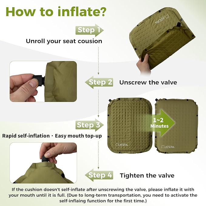 ATEPA Inflatable Seat Cushion, Self-Inflating Portable Stadium Airplane Travel Foam Cushion Pad for Camping, Sports Events, Outdoor