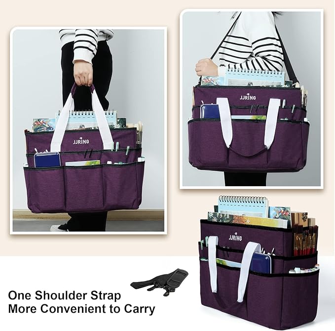 JJRING Craft Organizer Tote Bag, Large Art Storage Caddy with Multiple Pockets, Deep Purple Sewing Bag for Art, Craft, Scrapbooking, Medical, and Office Supplies Storage