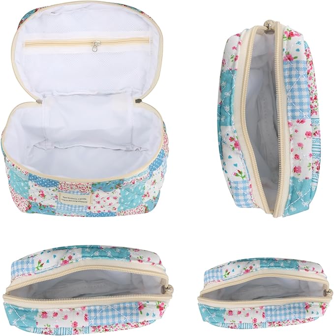 Cute Makeup Bag for Women(2 Pcs), Travel Cosmetic Bags, Quilted Coquette Aesthetic Floral Toiletry Organizer Bag (43 - Grid Rose/4PCS)