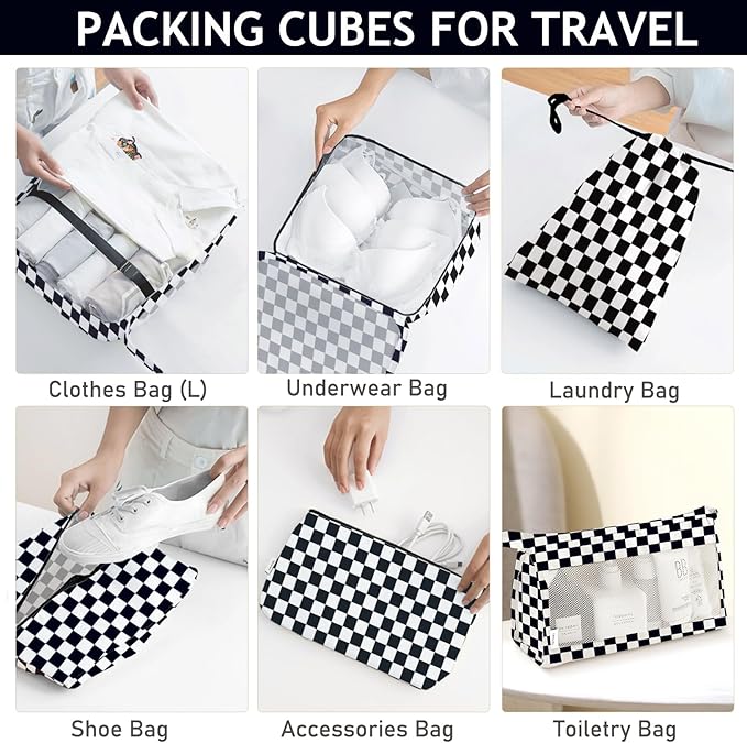 KPX 8 Set Packing Cubes for Travel, Luggage Packing Organizers Accessories Large Toiletries Bag for Clothes Shoes Cosmetics (8Set-Black Checkered)