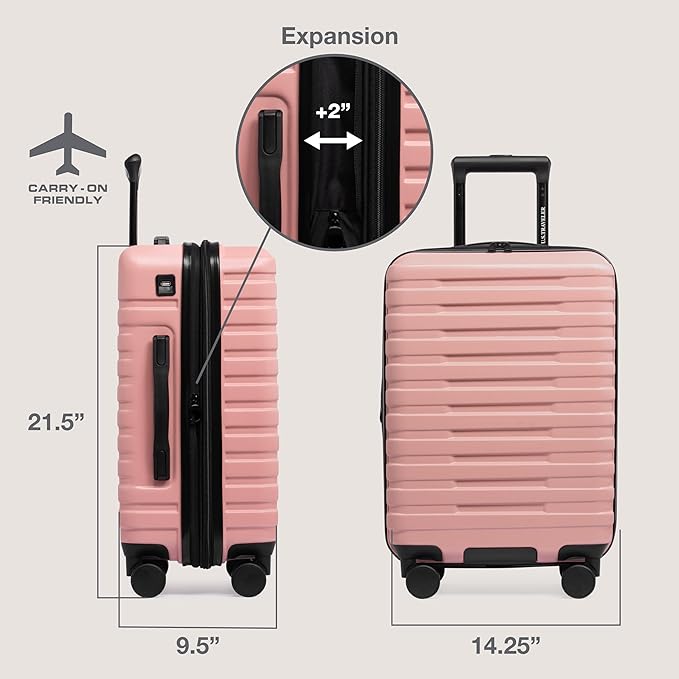 U.S. Traveler Boren Expandable Hardside Rugged Travel Luggage with 8 Spinner Wheels, Rose Pink, Carry-on 22-Inch