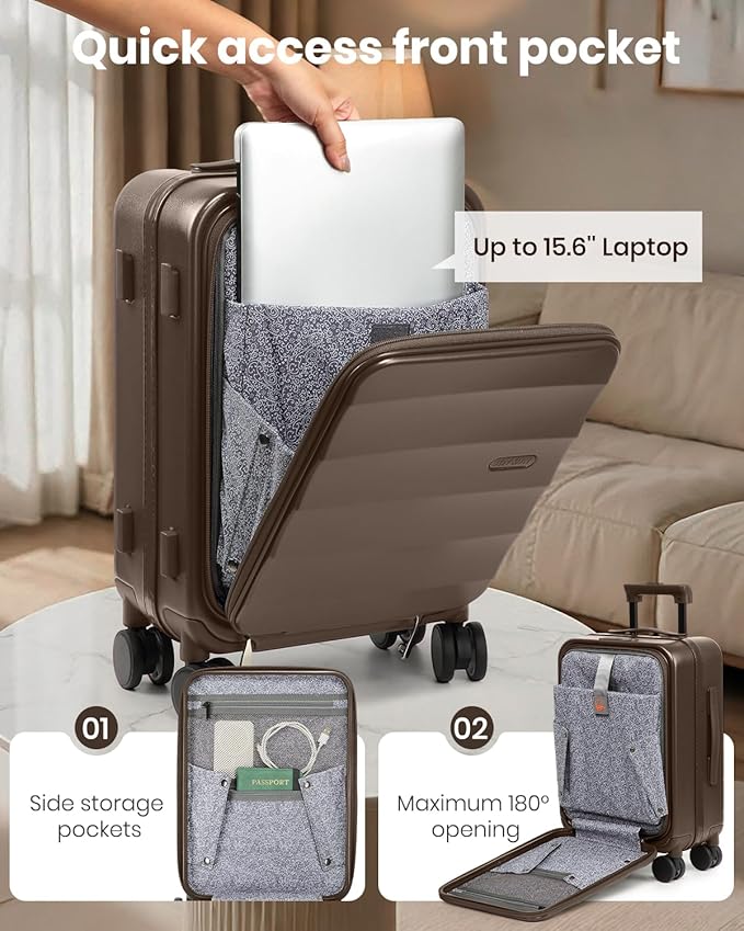 Joyway Luggage Set 5 Piece Top Opening Suitcase Set with Spinner Wheel and TSA Lock, PC Hard Shell Carry on Luggage with Front Pocket, Suitcase with Backpack and Foldable Storage Bag (Coffee)