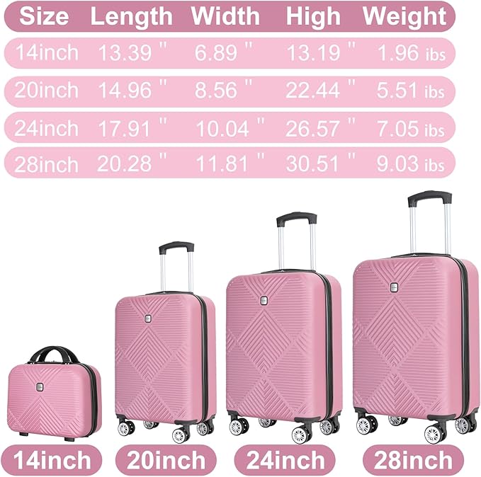 Luggage 4 Piece Set, Hardshell ABS Suitcase Set with Double Spinner Wheels, Lightweight Durable Large Luggage set, Carry On and Checked Travel Luggage, Pink