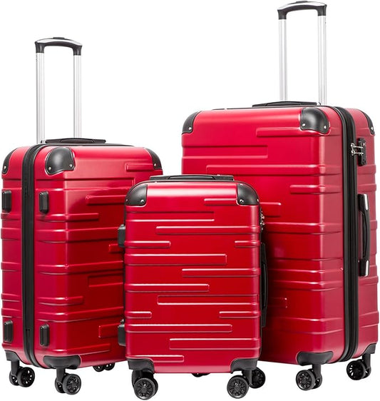 Coolife Hardside Luggage 3 Piece Set with TSA Lock, Spinner Wheels, Telescopic Handle, Lightweight Travel Suitcases (Red, 3 piece set)