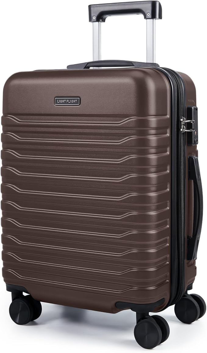 LIGHT FLIGHT Expandable Carry On Luggage 22x14x9 Airline Approved with Double Spinner Wheels, 20 Inch Lightweight Hard Shell Rolling Suitcases with TSA Lock, Brown