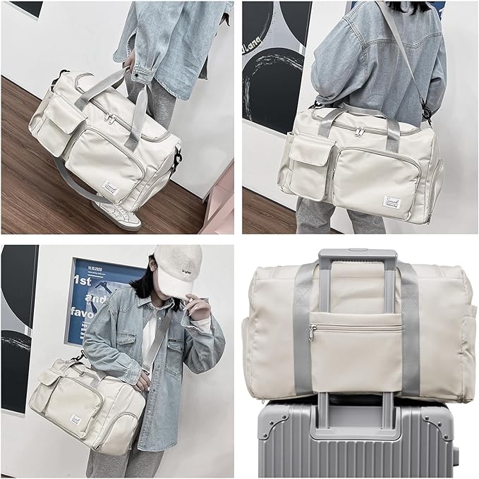 Travel Duffel Bag with Shoes Compartment Sports Gym Bag with Dry Wet Separated Pocket for Men and Women, Overnight Bag Weekender Bag Training Handbag Yoga Bag - White Gray