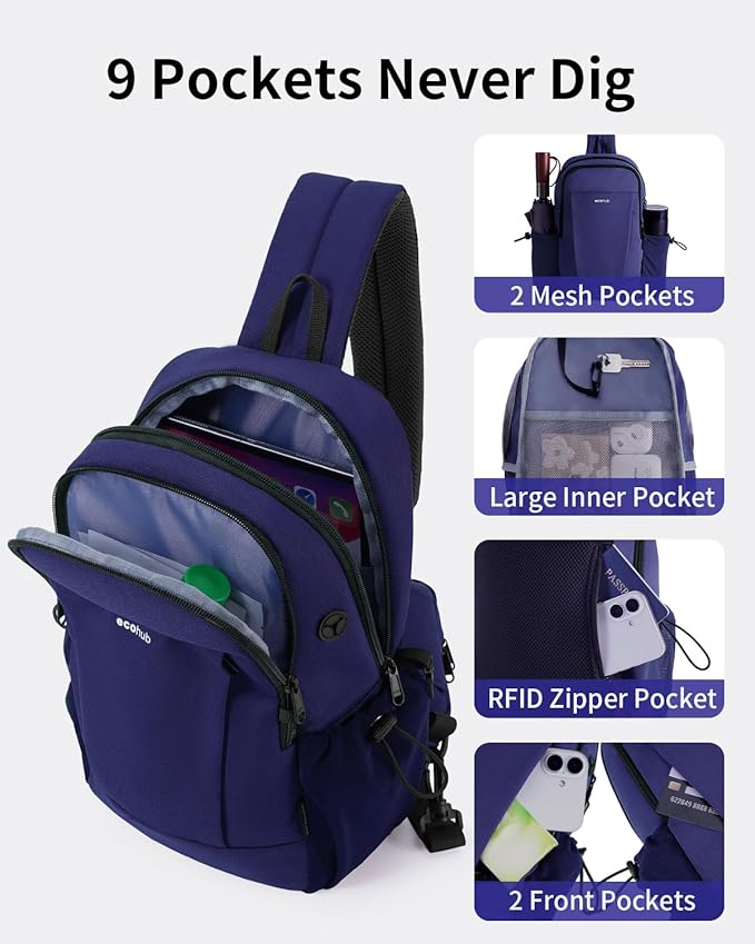 ECOHUB Anti-Theft Crossbody Bag Men Women, RFID Blocking Lightweight Sling Backpack Eco-Friendly with 9 Pockets Sturdy SBS Zippers Water Resistant for Travel Work Hiking Outdoor, Blue
