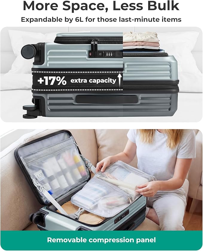 BAGSMART Top Opening Carry On Luggage 22x14x9 Airline Approved with TSA Lock, Expandable 20 Inch Deep Compartment Hard Shell Suitcases with Double Spinner Wheels, Green