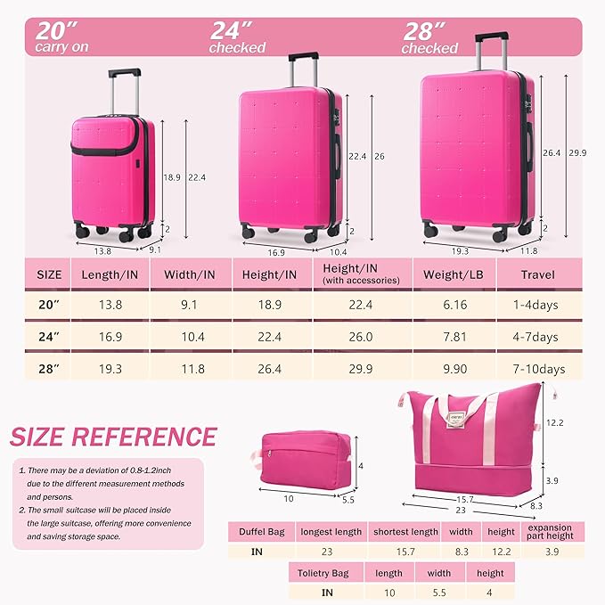 Merax Luggage Sets 5 Piece, Hardside 20" Half-opening Carry On Suitcase Set with USB Port,Lightweight Travel 24" 28" Luggage with Bags TSA Locks Double Spinner Wheels,Pink