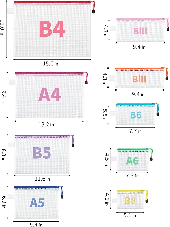 JARLINK 48 Pack 8 Sizes Mesh Pouch, 9 Colors, Waterproof Zipper File Bags Document Multipurpose Travel Bags for Office, School, Board Game, Puzzles, Cosmetics, Travel Accessories, and Home Organize