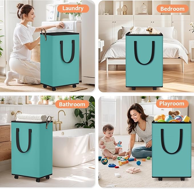 Laundry Basket with Wheels, Collapsible Laundry Baskets, Laundry Hamper with Handles Detachable Wheels, Rolling Laundry Basket, Dirty Clothes Hamper for Bathroom, Dorm, Bedroom, Green, 100L