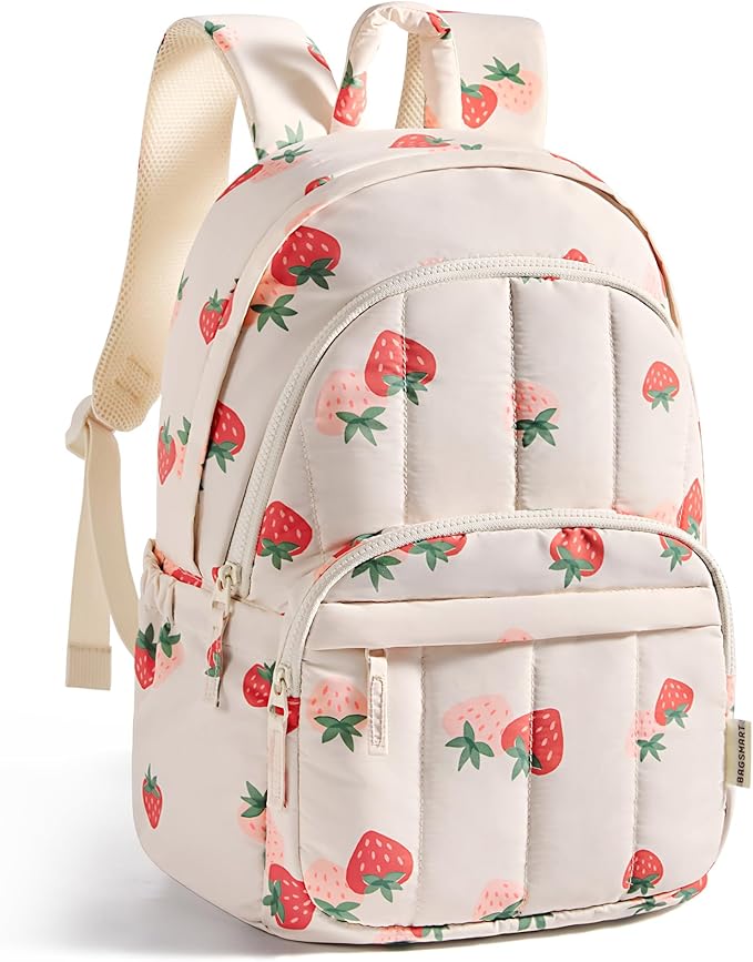 BAGSMAT Womens Backpack Small Travel Laptop Backpack for Women, Quilted College Laptop Bookbag, Work Back Pack for Women, Cute Computer Water-Resistant Casual Daypack,Strawberry Print