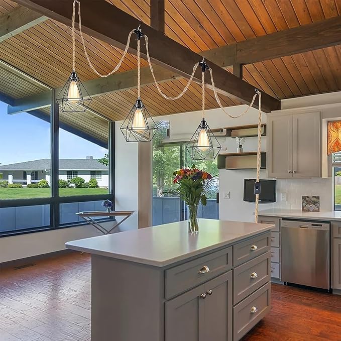 3-Light Hanging Light with Plug in Cord,Plug in Pendant Light 22ft Hemp Rope Pendant Lighting Vintage 3-Light Hanging Lamp Fixtures for Kitchen Island Living Room Bedroom