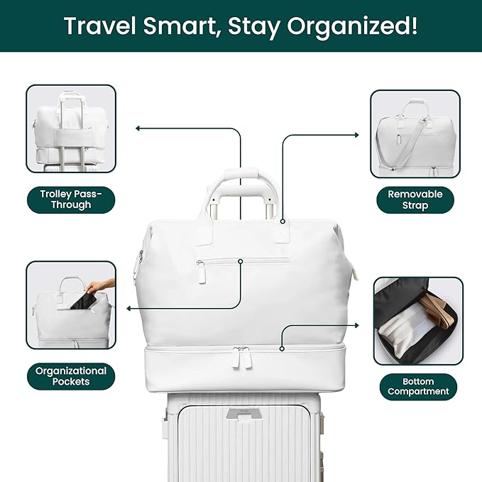 NOBL Travel Weekender Bag for Women & Men, Large Duffel Carry-On Tote with Trolley Sleeve, Separate Shoe Compartment & Laptop Pocket, Leather Overnight Bag for Airplane, Gym, Road Trips - Ivory