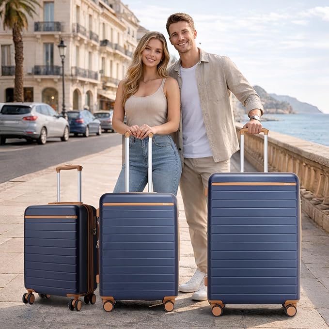 Kono 28 Inch Large Suitcase, Expandable for Long Trips, Impact-Resistant ABS+PC & Silent Wheels, Black, Lightweight Hardshell Luggage, Smooth Rolling Spinner Suitcase for Travel，Navy/Brown