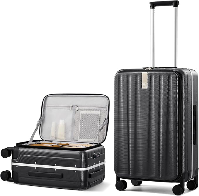 Hanke 24 Inch Checked Luggage PC Hard Shell Suitcases for Travel Front Opening Aluminum Frame Travel Luggage Rolling Suitcase with Wheels.(Jet Black)