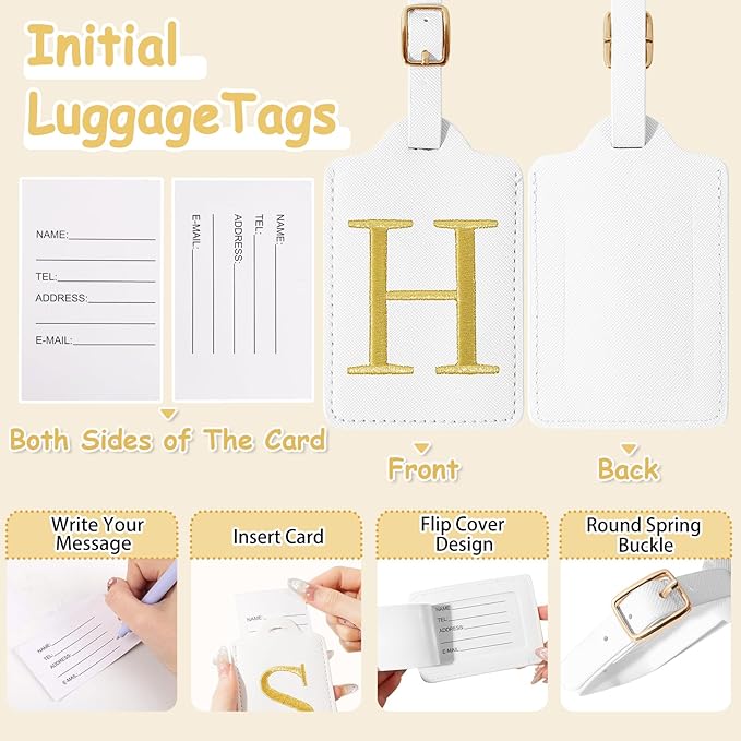 Initial Luggage Tags for Suitcases, Cute Embroidered Letter Luggage Bag Suitcase Identifier Name Baggage Tag, PU Leather Travel Luggage Tags, Bag Tags for Men Women Kids Luggage Handbags(White H)