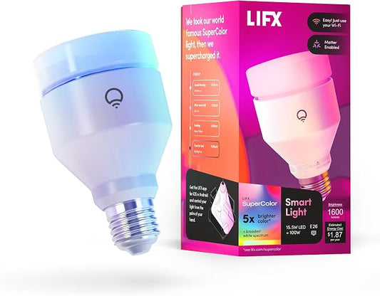 LIFX Supercolor A21 Smart Light Bulb, 1600 Lumens 100W Equivalent, Color Changing RGB + Tunable White, Dimmable E26, Matter Compatible, Works with Apple HomeKit, Alexa & Google Home, No Hub Required | Compatible with Alexa, Apple Homekit, Google, WiFi ...