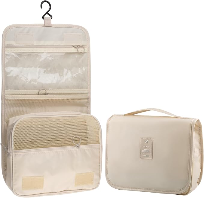 Foldable Hanging Travel Toiletry Bag,Waterproof Portable Travel Bags, Multifunction Travel Makeup Cosmetic Bag Organizer with Hanging Hook (Beige)