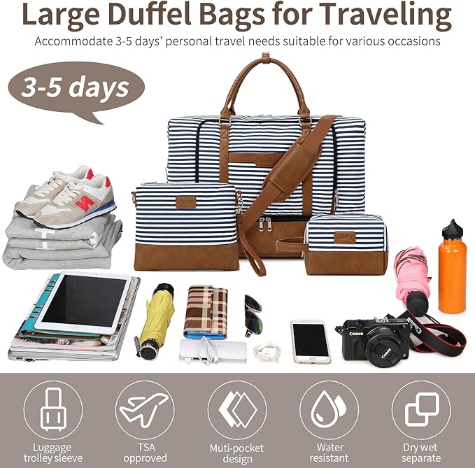 Weekender Bag, Large Travel Duffel Bag for Women, Carry on Overnight Bag with Shoe Compartment and Toiletry Bags