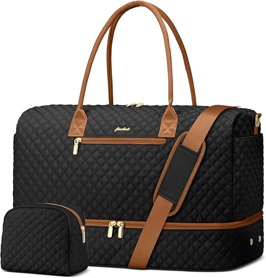 Travel Weekender Duffle Bags for Women - Large Carry On Bag with Shoe Compartment Overnight Bag with Toiletry Bag Duffel Bags with Wet Pocket for Gym Hospital Bags for Labor and Delivery Black Brown