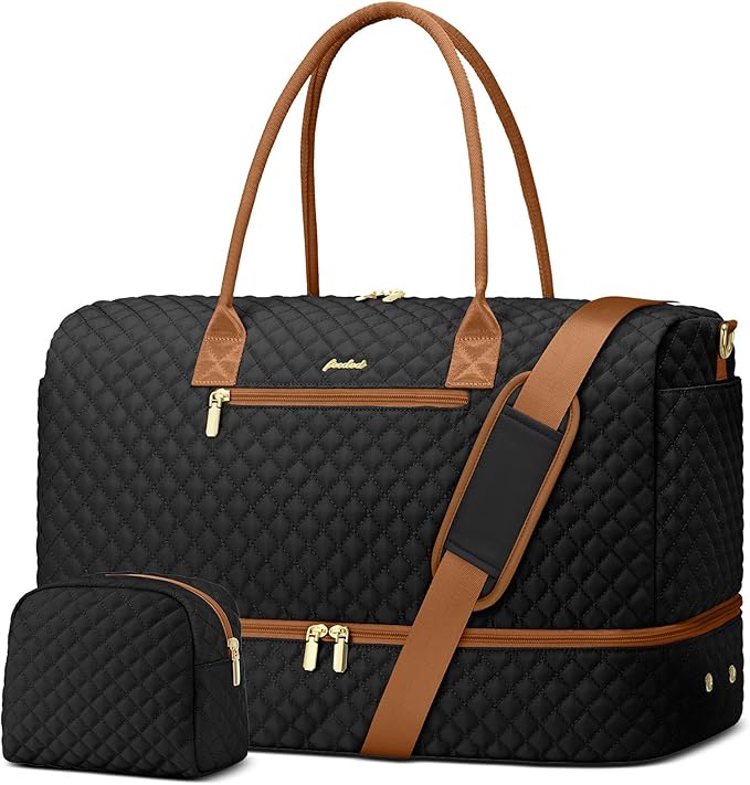 Travel Bag Weekender Bags for Women - Carry on Overnight Bag with Shoe Compartment Duffle Bag with Laptop Pocket Hospital Bag for Labor Delivery Gym Tote Bag with Toiletry Bag Black Brown
