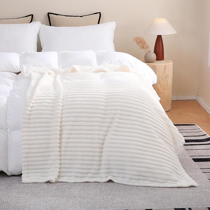 Cream White Fleece Throw Blanket 50”×60” for Couch Sofa Bed,Super Soft Cozy Plush Microfiber Flannel Blanket with Stripes Design Lightweight for Adults,Woman,Girls