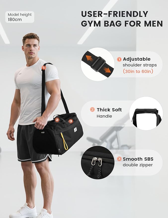 SKYSPER Gym Bag for Men & Women with Shoe Compartment, Carry-on Gym Duffle Bag for Travel and Sports, Workout Overnight Bag with Large Wet Pocket, Black
