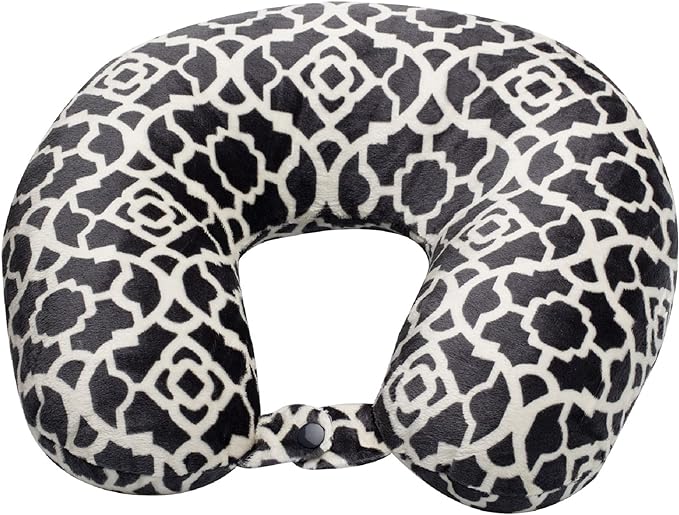 Adult Cozy Soft Microfiber Neck Pillow for Travel – Compact, Machine Washable - Perfect for Airplane, Car, or Home Use - Filled and Finished in the USA – Charcoal Trellis