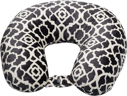 Adult Cozy Soft Microfiber Neck Pillow for Travel – Compact, Machine Washable - Perfect for Airplane, Car, or Home Use - Filled and Finished in the USA – Charcoal Trellis