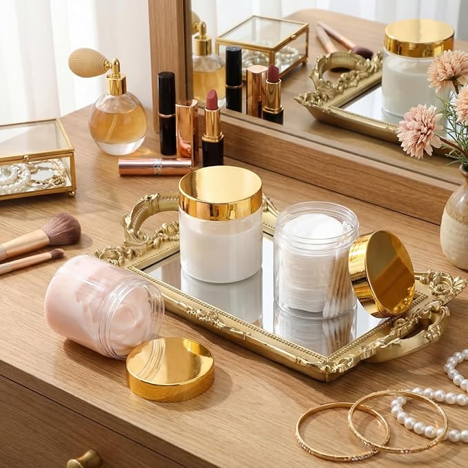 Patelai 4 Pieces Round Wide-mouth Leak Proof Plastic Container Jars with Lids for Travel Storage Makeup Beauty Products Face Creams Oils Salves Ointments DIY Making(8 Ounce,Gold)