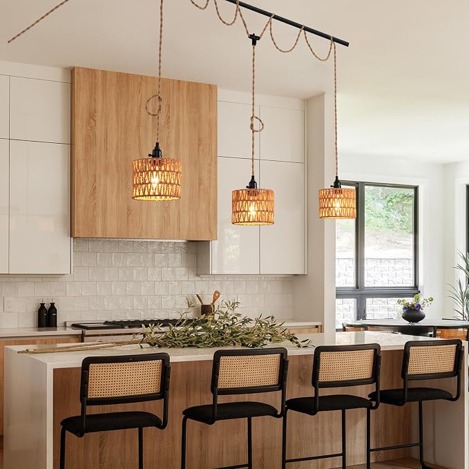 3-Light Hanging Light with Plug in Cord,Plug in Pendant Light 22ft Hemp Rope Pendant Lighting Vintage 3-Light Hanging Lamp Fixtures for Kitchen Island Living Room Bedroom