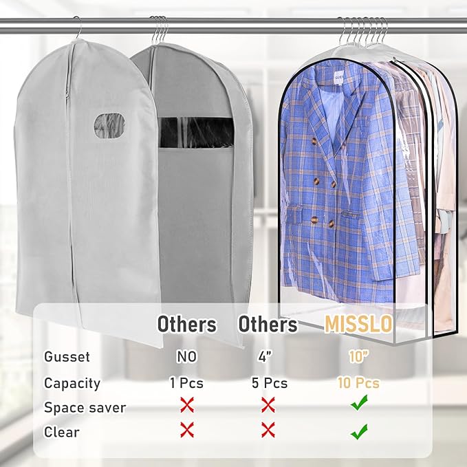 MISSLO 32" All Clear Garment Bags for Hanging Clothes 10" Gusseted Suit Bags for Closet Storage Suit Cover Hanging Clothes Storage for Shirts, Coats, 3 Packs