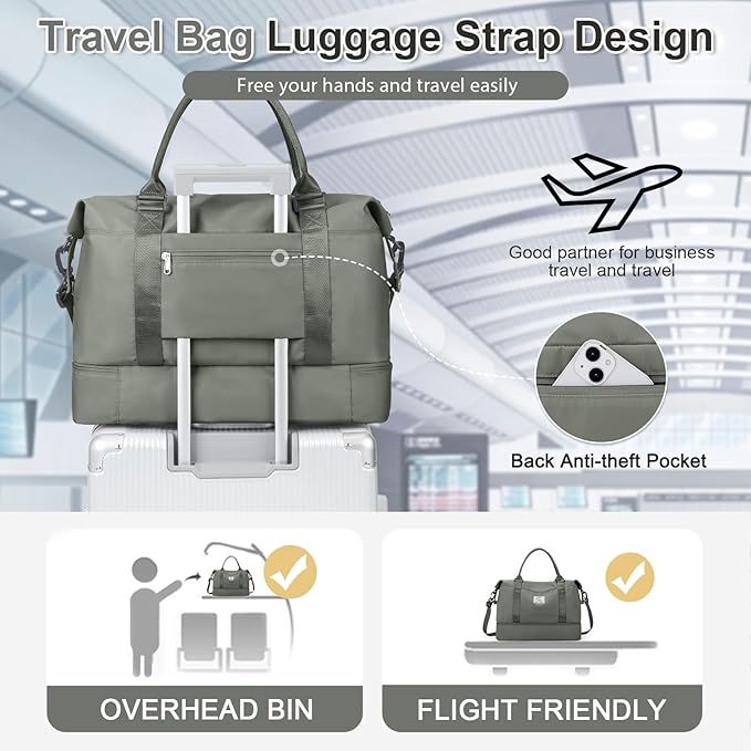 Weekender Bags for Women, Travel Duffel Bags with Shoe Compartment & Wet Pocket,Personal Item Travel Bag for Airlines,Carry on Overnight Tote Bag for women,3Pcs Set，Olive Green