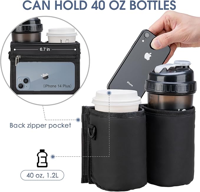 Luggage Cup Holder Travel Drink Bag Luggage Drink Caddy with Shoulder Strap, Thermal Insulation and Zipper Pocket, Travel Accessories Gifts for Flight Attendants, Fits Roll on Suitcase Handles (Black)