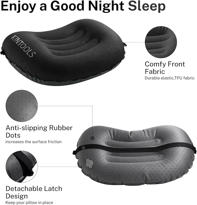 Camping Pillow-Compressible, Ultralight Inflatable,Compact, Comfortable, Ergonomic Inflating Pillows for Neck & Lumbar Support While Camp, Hiking(Black,with Anti Slip Straps)