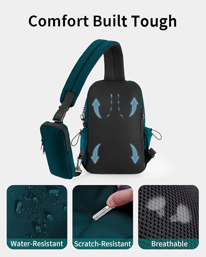 ECOHUB Anti-Theft Crossbody Bag Men Women, RFID Blocking Lightweight Sling Backpack Eco-Friendly with 9 Pockets Sturdy SBS Zippers Water Resistant for Travel Work Hiking Outdoor, Turquoise