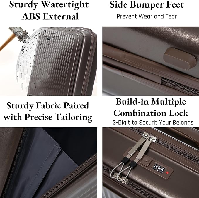 2 Pcs ABS Spinner Luggage Set - 14" Cosmetic Case & 20" Carry-On with Combination Lock, Front Opening Design, Brown