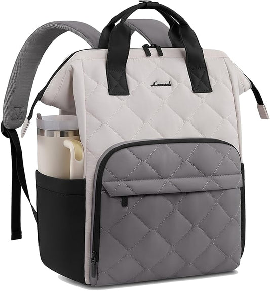 LOVEVOOK Laptop Backpack for Women, 15.6 inch Work Travel Backpack Purse, Puffer Quilted Laptop Backpack Casual Daypack for Nurse Teacher，Black-White-Gray