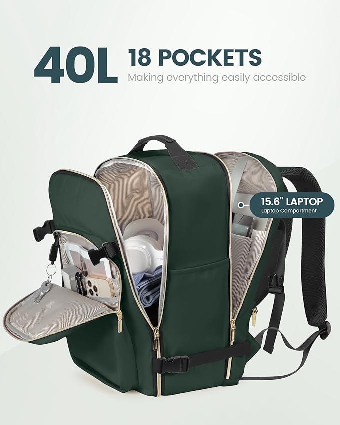 LOVEVOOK Travel Backpack for Women & Men 40L,Airline Approved Carry On Backpack Travel Essential,TSA Carry on Luggage,Waterproof Personal Item Travel Bag,Suitcase with Packing Cubes,Dark green-Black-1