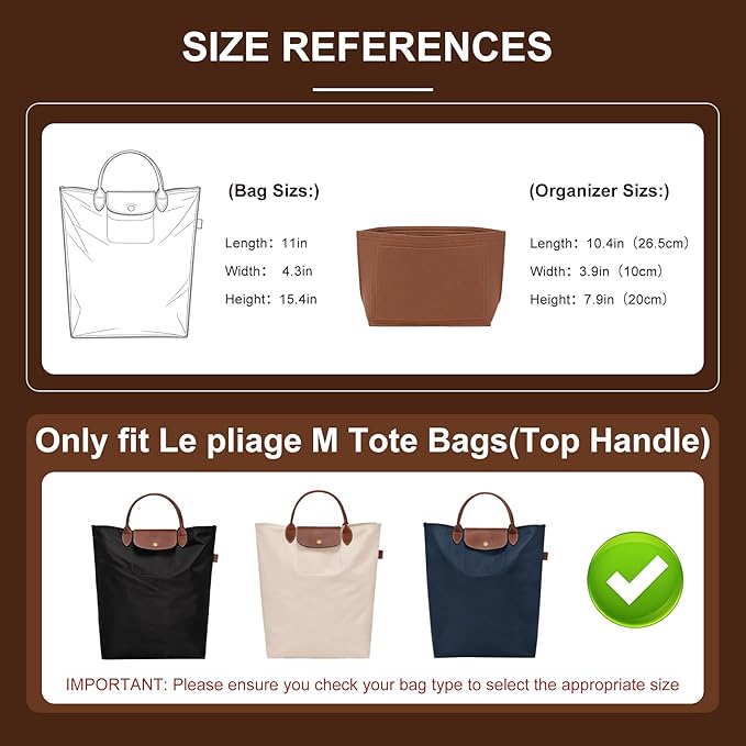 Doxo Felt Purse Organizer Insert for Longchamp Le Pliage M Totes, Longchamp Orgainzer Insert Meduim with 7 Compartments & YKK Zipper | Fits Long Champ Meidum Top Handle Tote Bag (SM, Gold Brown)