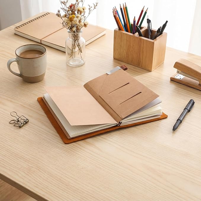 Thenshop Travelers Refillable Leather Journal Notebook Travel Diary Handmade Passport Travelers Journal for Men and Women with 3 Notebook Inserts, Pen Holder, Binder Clip(Brown,Stand Size)