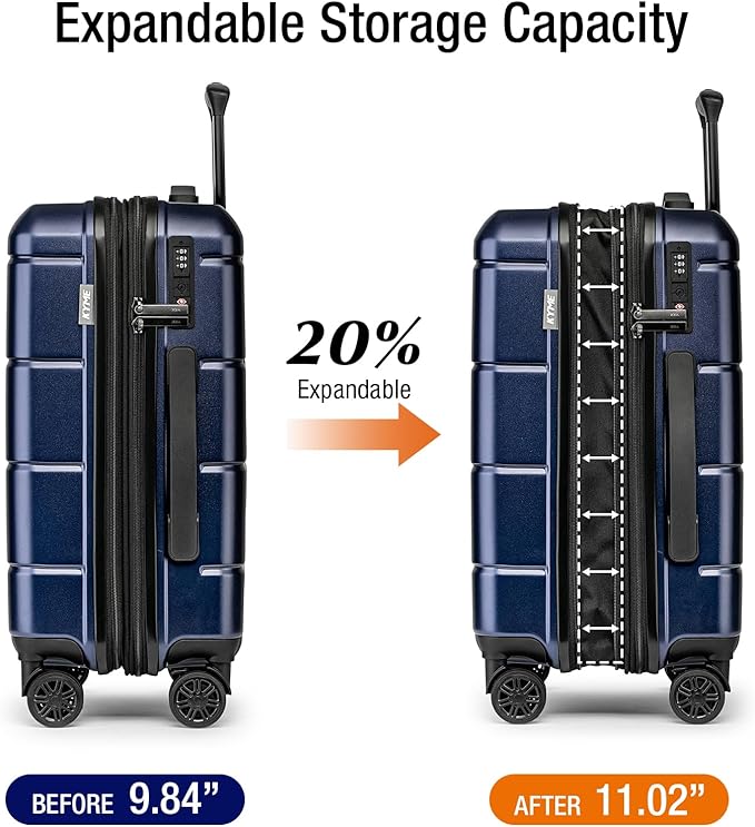 KYME Carry On Luggage 22x14x9 Airline Approved Hardshell 20 Inch Luggage With TSA Lock Carry On Suitcase with Wheels Small Travel Rolling Luggage with Cup Holder for Women Men Navy