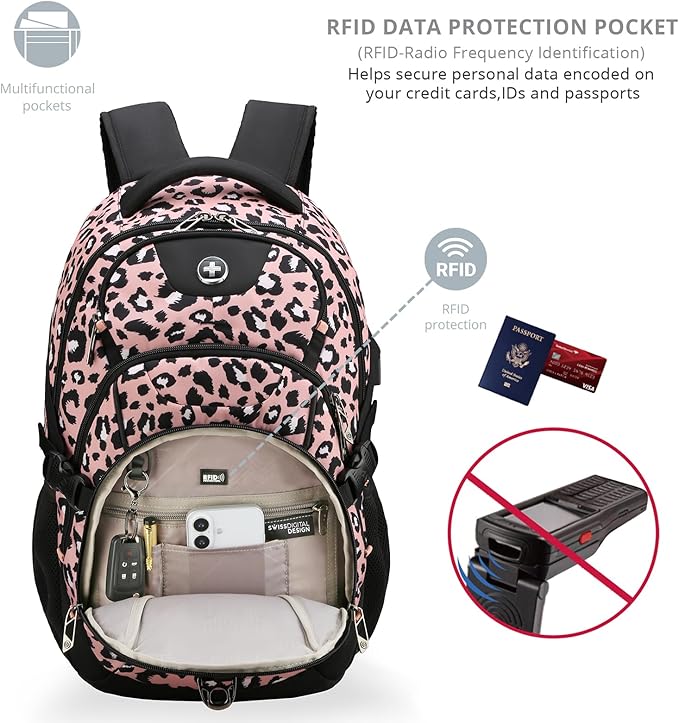 Swissdigital Laptop Backpack with USB Charging Port, Travel Backpack Fits 15.6 inches Computer, 31L Backpack for Women, Pink Leopard | SD803-102