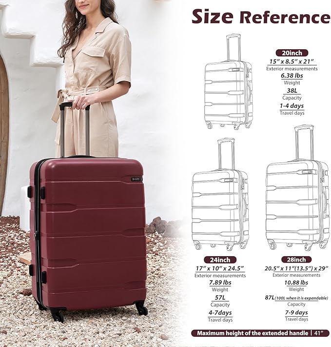Coolife Luggage Set 3 Piece Hardside PC+ABS Suitcase with TSA Lock, Expandable Large Checked Luggage, Lightweight Rolling Carry On with Spinner Wheels(20/24/28 Inch, Radiant Pink)