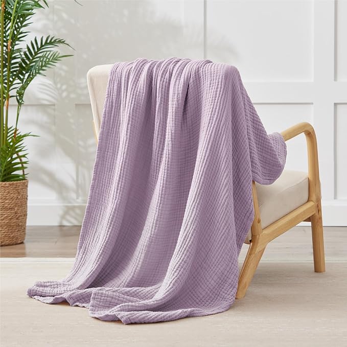 100% Cotton Muslin Blanket Large 50" x 70", 6 Layers Breathable and Lightweight Cotton Throw Blanket for Bed and Couch, Soft Quilt Bedspread, Gauze Blanket for Adults All Season, Lavender