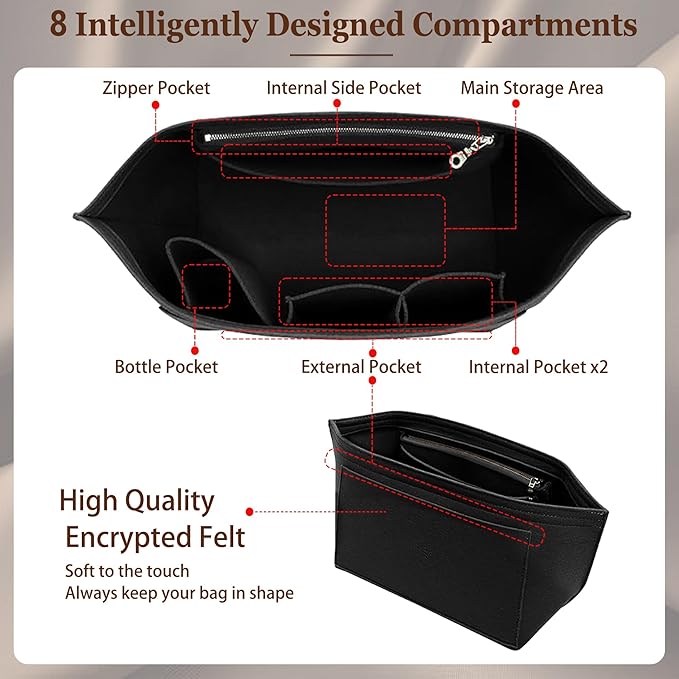 Doxo Purse Organizer Insert for Longchamp Le Pliage Tote, Large Bag Organizer with 8 Compartments, YKK Zipper Pocket Cup Holder, Handbag Shaper for Women, Fits Original/Green/Energy L Tote (Black, WL)