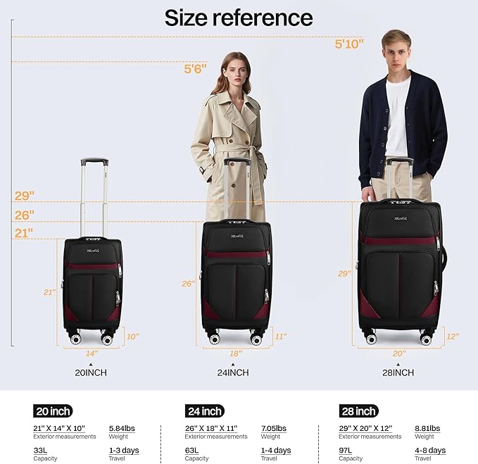 3-Piece Softside Expandable Luggage Set with Front Open Pocket,Lightweight Durable Suitcase Sets Double Spinner Wheels & w/LOCK（Black-Burgundy,20in/24in/28in）